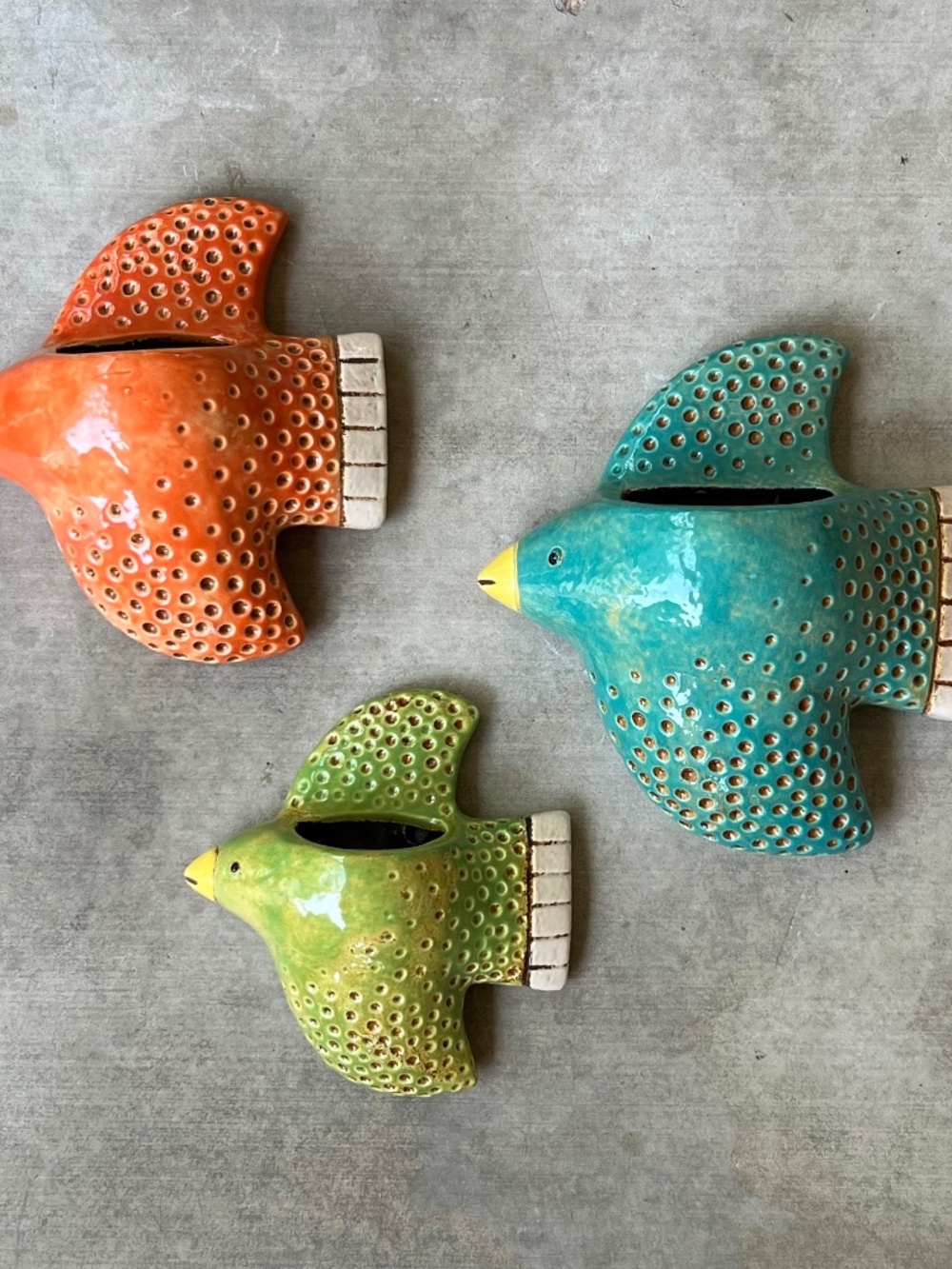 Ceramic Colorful Bird Wall Planter Set Whimsical Retro Rustic Outdoor Decor